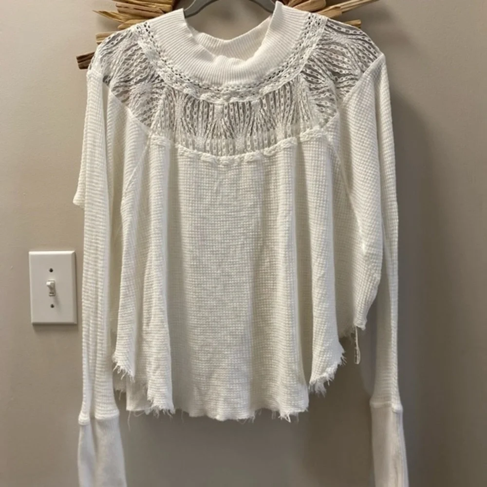 Free People White, Waffle, Raw Hem Top